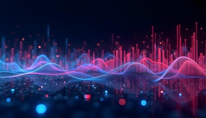 Wall Mural - Colorful abstract digital landscape with glowing waves, lines, and bokeh effects against a dark background