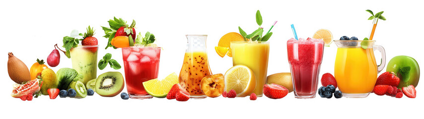 A row of fruit drinks and fruit on a white background