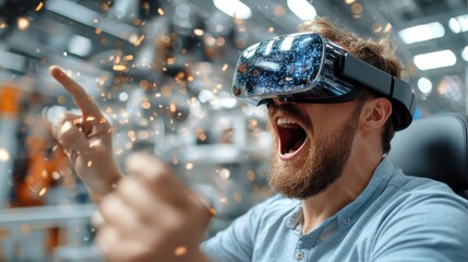 An individual is seen using an augmented reality device in a bustling workshop setting with bright sparks flying around, indicating active machinery and equipment usage.