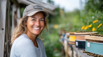 A smiling woman, equipped in casual attire and a cap, sits beside a row of colorful beehives in a lush garden, exuding a sense of peace and connection with nature.