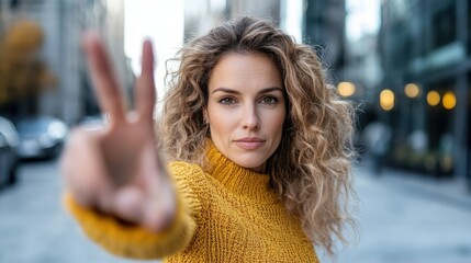 A woman with curly hair wearing a yellow sweater, standing on a city street and showing a peace sign. The background displays a typical urban setting with buildings.