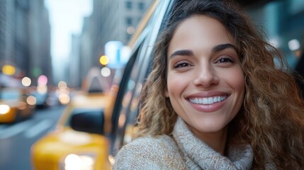 A woman, happily smiling and wrapped in a warm sweater, enjoys a ride in a New York City cab, capturing the thrill of urban adventures and city life.