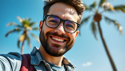 Close-up of smiling man taking selfie outdoors on sunny day. Man with beard and glasses in casual clothing enjoying outdoor moment. Concept of happiness, modern communication, and casual lifestyle i