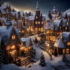 Wall Mural - Christmas village at night. Winter landscape with houses and trees. Christmas background