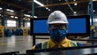 © N100ZKL - A human in factory background blank sign blue industry machine working