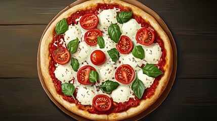 Wall Mural - Freshly baked margherita pizza topped with mozzarella, basil, and ripe tomatoes on a wooden table