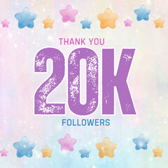 Wall Mural - Thank you 20K followers and subscribers banner with colorful stars and texture