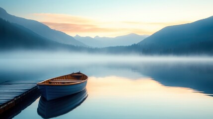 Wall Mural - A serene boat floats on a misty lake as the soft light of dawn illuminates the surrounding mountains and tranquil waters