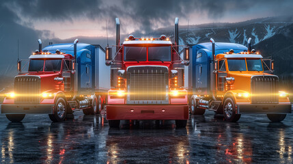 Fleet of three semi-trailer trucks, logistics and transportation concept	