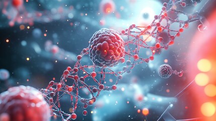 Illustration of human cell biology showcasing DNA strands and molecular structures.