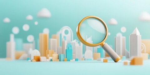 A detailed magnifying glass over a colorful cityscape, highlighting urban exploration and discovery in a modern environment.