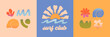 © Xenia Artwork  - Vector abstract summer beach,surf club emblems.Hand drawn seashell,coral,ocean waves with sun.Modern graphic in simple style for banners,smm,branding,covers,prints.Retro summer vacation aesthetic