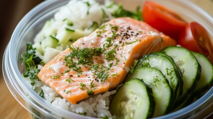 Canvas Print - Salad with salmon, cherry tomatoes, cucumbers in a plastic container.