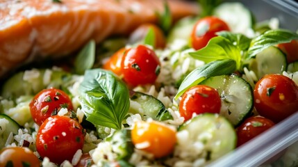 Canvas Print - Rice and salmon salad in a plastic container.