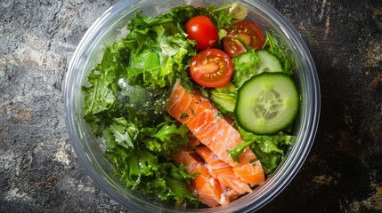 Canvas Print - Salmon salad with vegetables in a plastic container on a wooden table.