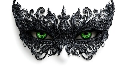 Halloween party mask with neon green eyes, intricate details, gothic style, digital art, isolated on white background