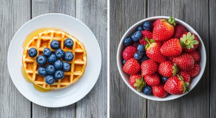 Canvas Print - A plate of tasty waffles with blueberries, strawberries, and syrup.