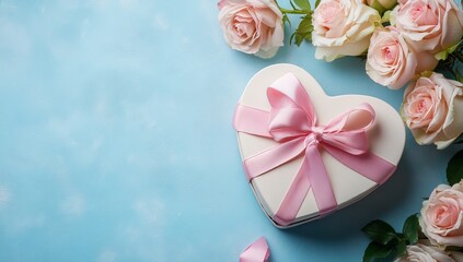 Wall Mural - With a pink ribbon and pink roses, the box is shaped like a heart.