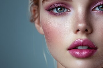 Wall Mural - Blue eyes and pink lips are the features of a woman wearing makeup