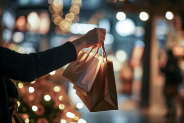 Wall Mural - A person is holding two brown paper bags in a dimly lit area. The bags are filled with items, and the person appears to be carrying them