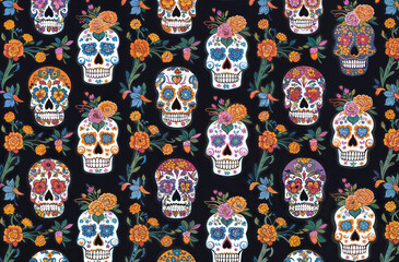 White sugar skulls with floral details and marigold flowers in seamless pattern. Day of the Dead texture, colourful digital illustration with skulls on dark black background