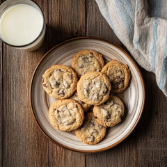 Wall Mural - plate of cookies on a wooden table with a glass of milk