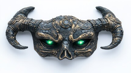 A demon Halloween mask with ancient ruins design, mystical symbols, glowing green eyes, weathered stone texture, haunting aura, isolated on white background