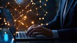 © sa-photo - A business professional using a laptop to access network services, with a glowing network icon in the background.