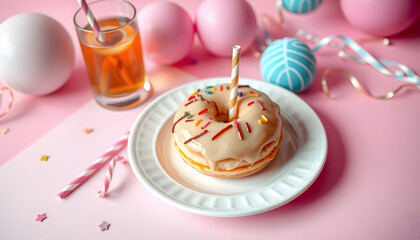 Plate with tasty donut, drink and decor for birthday party on color background isolated with white highlights, png