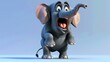 © G-Media - A cartoon elephant with a very worried expression stands on its hind legs on a blue background