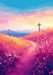 Wall Mural - Christian cross in field. A beautiful concert landscape poster design background for a Christian easter concert, featuring color, the cross