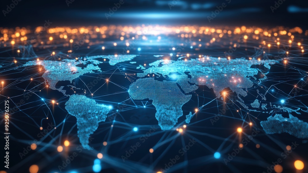 Network Market Map A digital network map with global nodes and connections, representing ...