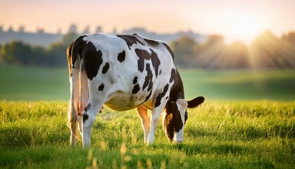 Wall Mural - A close-up of a spotted dairy cow grazing in a green field, with soft sunlight illuminating 