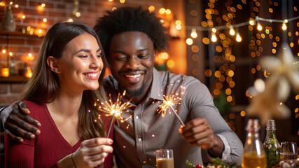 Wall Mural - happy couple with sparklers at christmas dinner party in decorated home