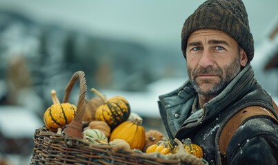 Wall Mural - A man with a beard and a beanie holds a basket full of gourds. AI.