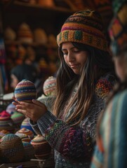 Poster - A woman in a knitted hat and sweater examines a colorful crocheted ball. AI.