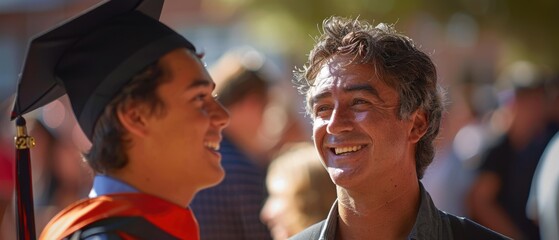 Poster - A proud father congratulates his son on his graduation. AI.