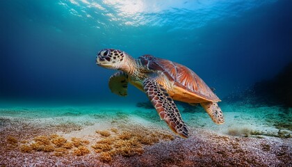 Wall Mural - A turtle swimming close to the ocean floor, its flippers gently stirring up sand, with the b