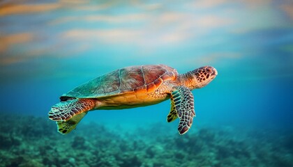 Wall Mural - Side view of a majestic sea turtle gliding through the open ocean, its flippers outstretched 