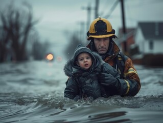 Canvas Print - A firefighter rescues a child from floodwaters. AI.