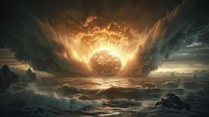 Wall Mural - a fiery planet rises from the ocean, engulfed in clouds. ai.