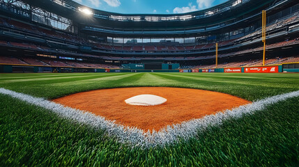 Wall Mural - A baseball field with a focus on home plate and green grass.