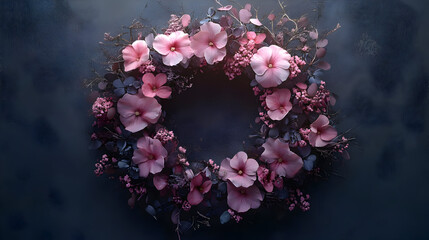 Sticker - A beautiful floral wreath featuring pink flowers and greenery.