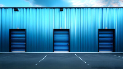 Wall Mural - A blue storage facility with multiple roll-up doors.