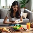 © fitpinkcat84 - Intermittent fasting, diet healthy asian young woman dietary, having stomach ache, temptation hungry of brunch food in morning on table at home, waiting time to eat salad but not yet time first meal..