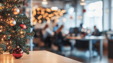 empty wooden table in the foreground. blurred background of a modern office decorated for the New Year and Christmas with large windows. business meeting, meeting in the office