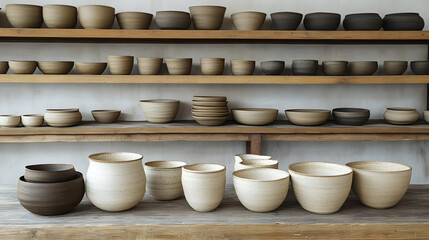 Sticker - A collection of handmade ceramic bowls displayed on wooden shelves.