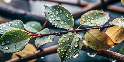 Close-up of green leaves with water droplets after rain