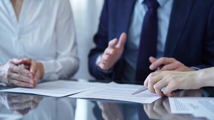 Wall Mural - Diverse business people discussing contract papers before signing. Teamwork of lawyers