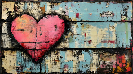 Wall Mural - A colorful heart painting on a textured wooden background.